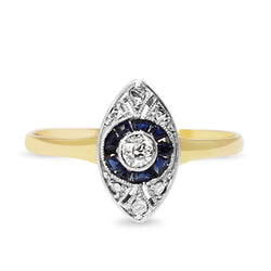 18ct Yellow and White Gold Art Deco Sapphire and Diamond Marquise Shaped Ring