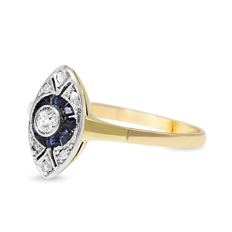 18ct Yellow and White Gold Art Deco Sapphire and Diamond Marquise Shaped Ring