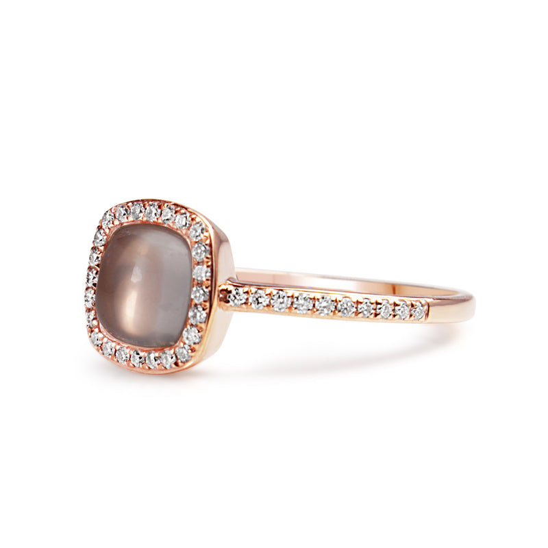 9ct Rose Gold Rose Quartz and Diamond Halo Ring