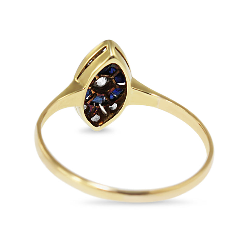 18ct Yellow and White Gold Art Deco Sapphire and Diamond Marquise Shaped Ring