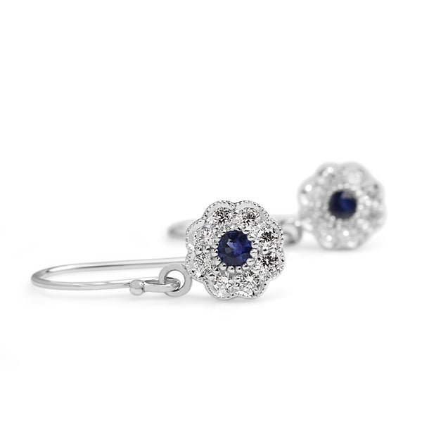 9ct White Gold Sapphire and Diamond Daisy Drop Earrings