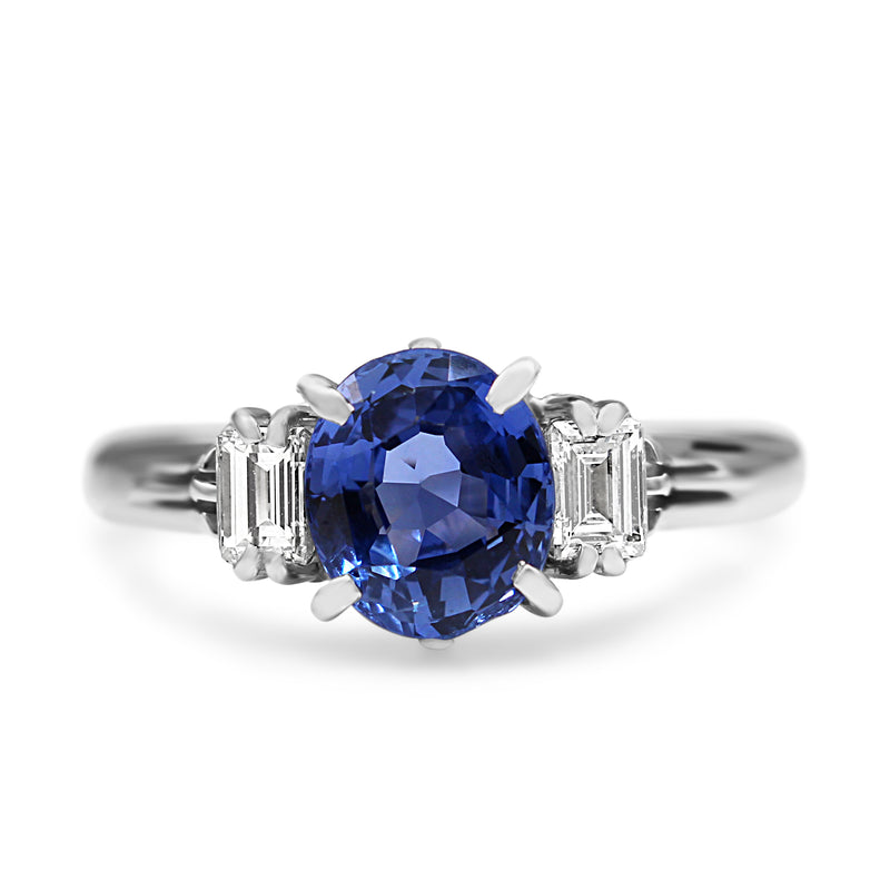 Platinum Estate Sapphire and Baguette Diamond Ring