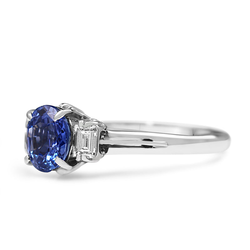 Platinum Estate Sapphire and Baguette Diamond Ring