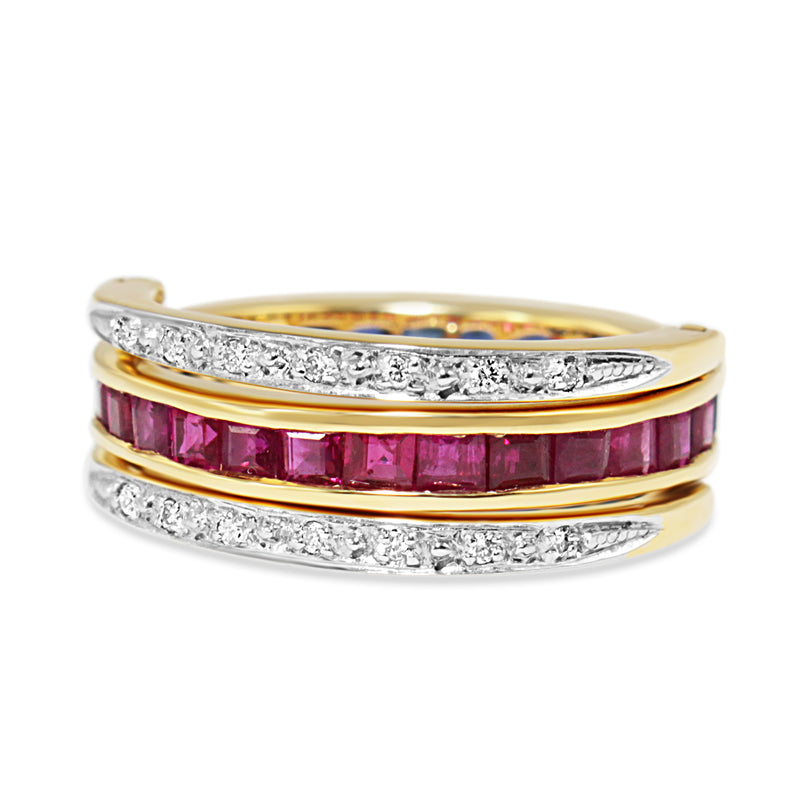 18ct Yellow and White Gold Ruby, Sapphire and Diamond Hinged Changeover Band Ring