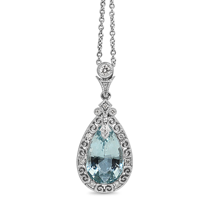 18ct White Gold Deco Style Aquamarine and Diamond Necklace