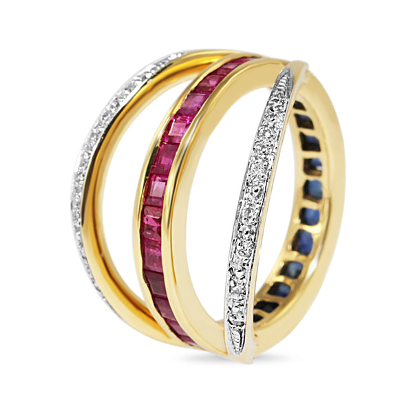 18ct Yellow and White Gold Ruby, Sapphire and Diamond Hinged Changeover Band Ring