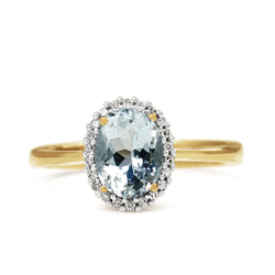 9ct Yellow and White Gold Aquamarine and Diamond Halo Ring