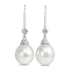 18ct White Gold 12mm South Sea Pearl and Diamond Deco Style Drop Earrings