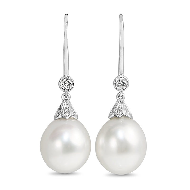 18ct White Gold 12mm South Sea Pearl and Diamond Deco Style Drop Earrings