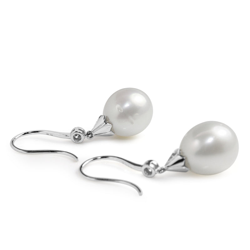 18ct White Gold 12mm South Sea Pearl and Diamond Deco Style Drop Earrings