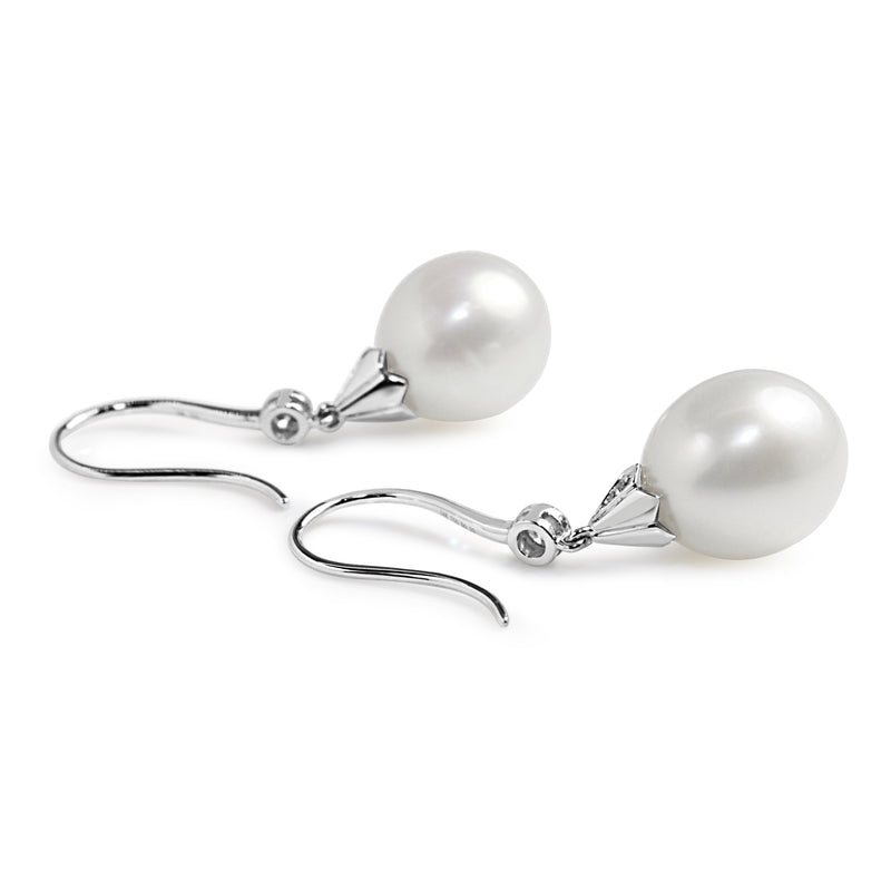 18ct White Gold 12mm South Sea Pearl and Diamond Deco Style Drop Earrings