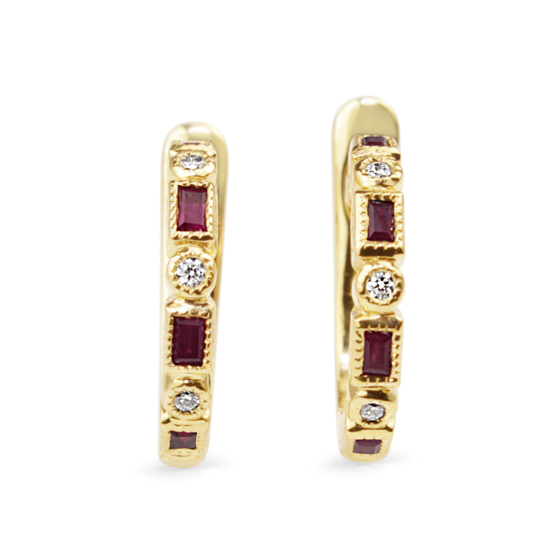 9ct Yellow Gold Ruby and Diamond Deco Style Hoop Earrings