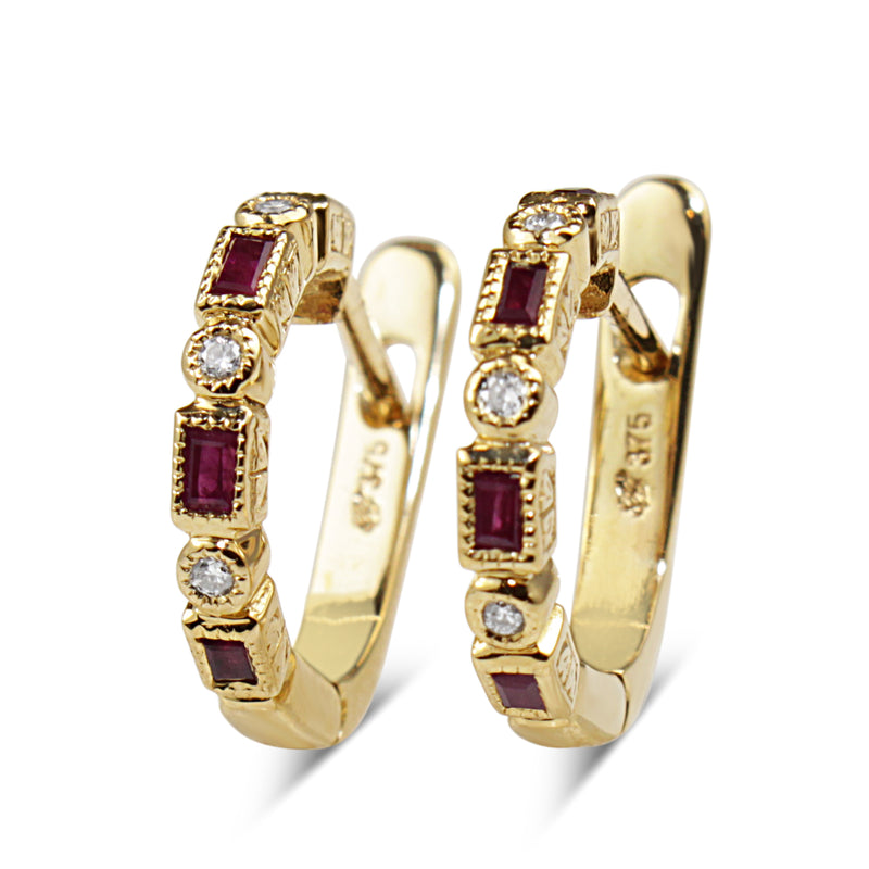 9ct Yellow Gold Ruby and Diamond Deco Style Hoop Earrings