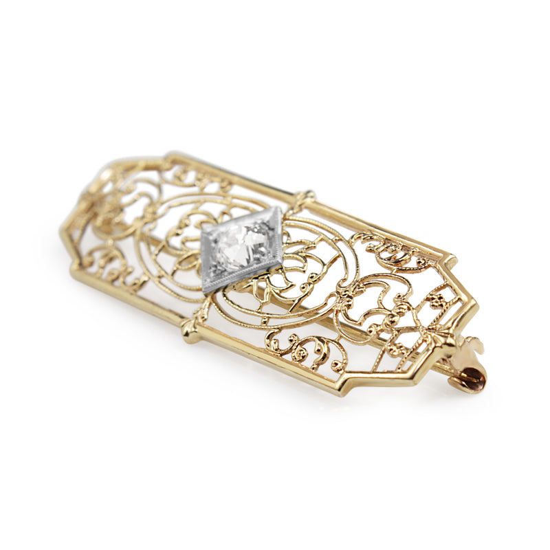10ct Yellow and White Gold Vintage Old Cut Diamond Filigree Brooch