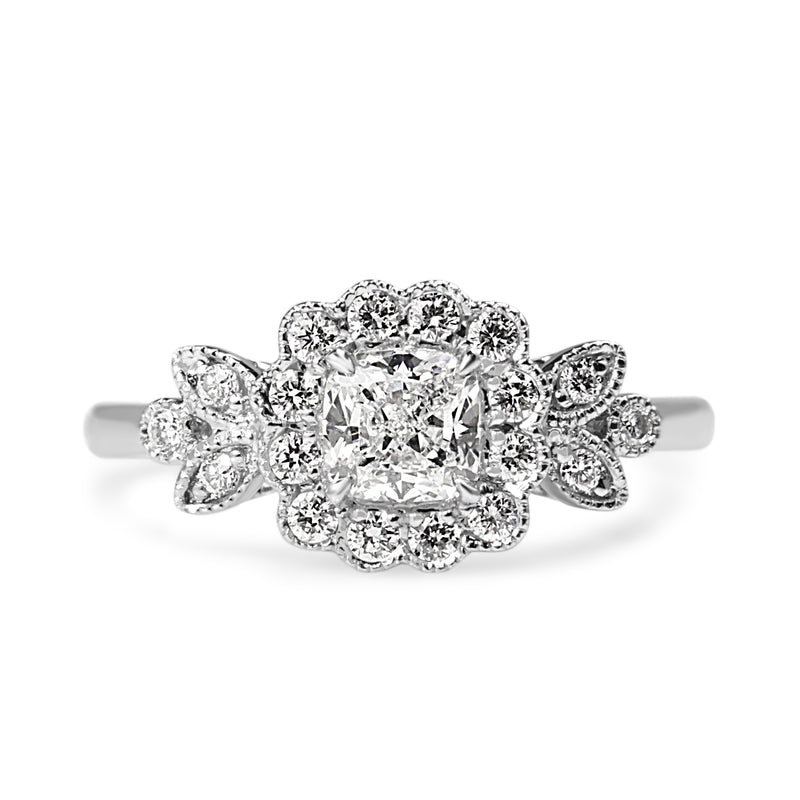 18ct White Gold Cushion Diamond Halo Floral Daisy Ring