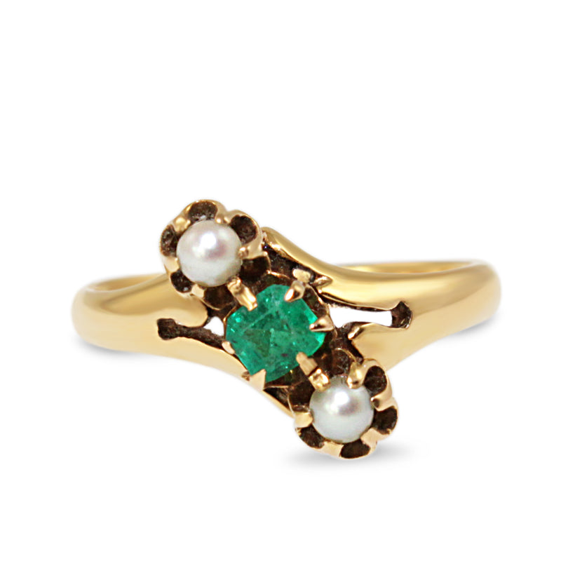 18ct Yellow Gold Antique Emerald and Pearl 3 Stone Ring
