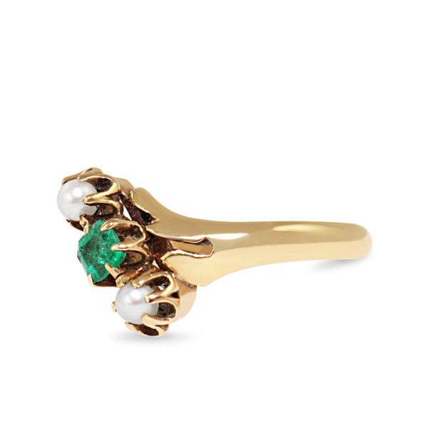 18ct Yellow Gold Antique Emerald and Pearl 3 Stone Ring