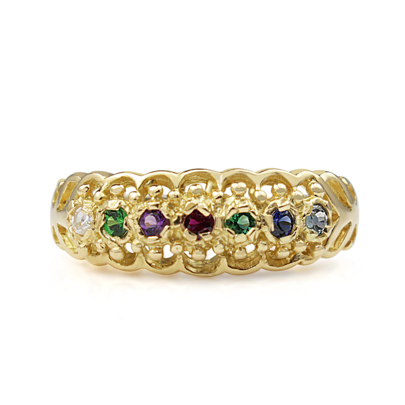 18ct Yellow Gold Diamond, Emerald, Amethyst, Ruby, Sapphire and Topaz 'Dearest' Ring