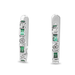 9ct White Gold Emerald and Diamond Deco Style Hoop Earrings