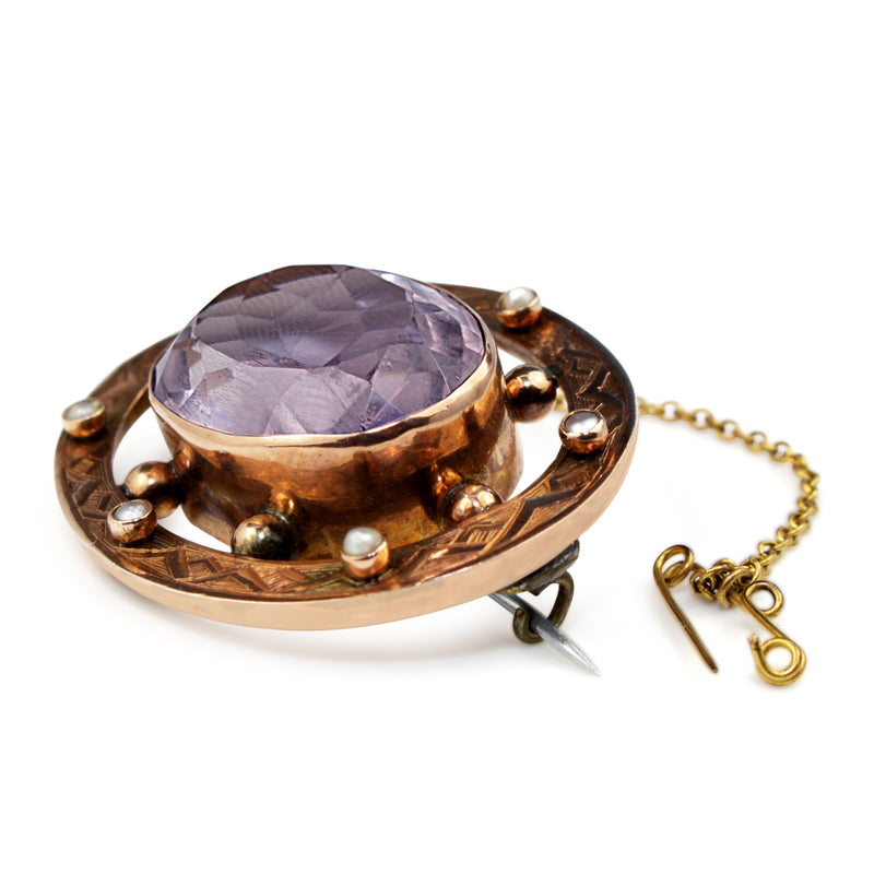 9ct Rose Gold Antique Amethyst and Seed Pearl Brooch