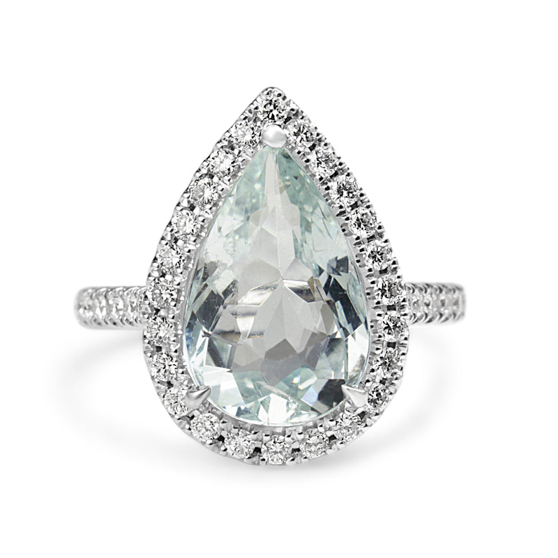 18ct White Gold Aquamarine and Diamond Pear Halo Ring