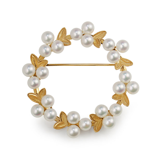 14ct Yellow Gold Cultured Pearl Wreath Brooch
