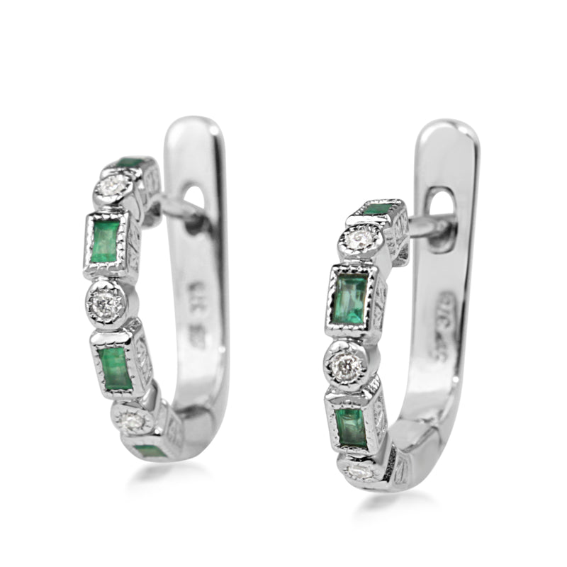 9ct White Gold Emerald and Diamond Deco Style Hoop Earrings