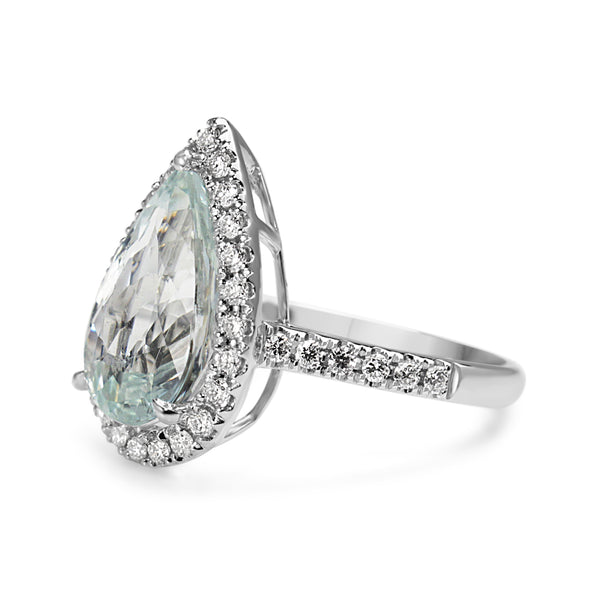 18ct White Gold Aquamarine and Diamond Pear Halo Ring