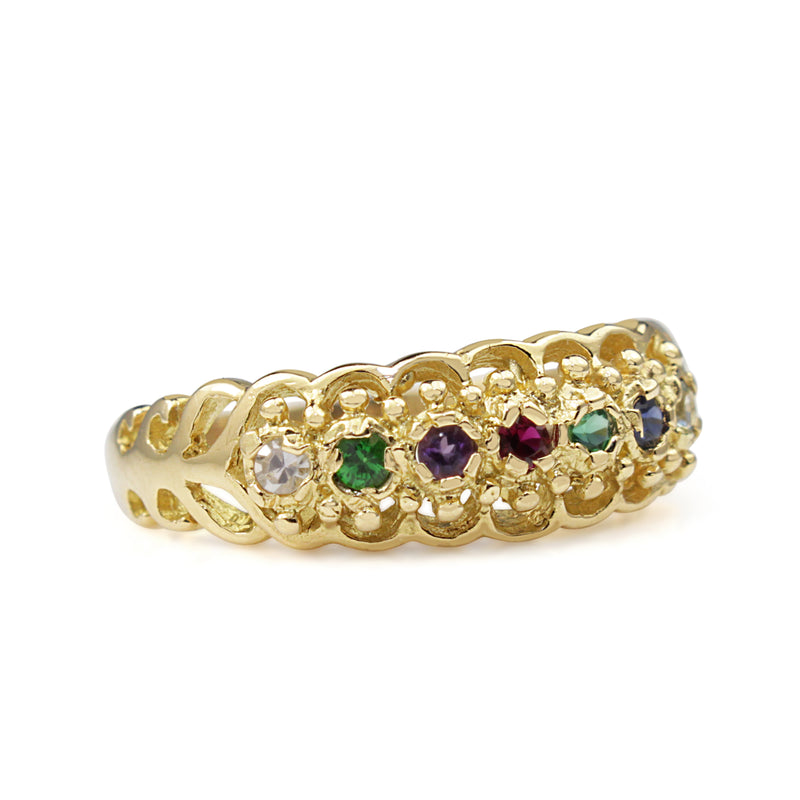 18ct Yellow Gold Diamond, Emerald, Amethyst, Ruby, Sapphire and Topaz 'Dearest' Ring
