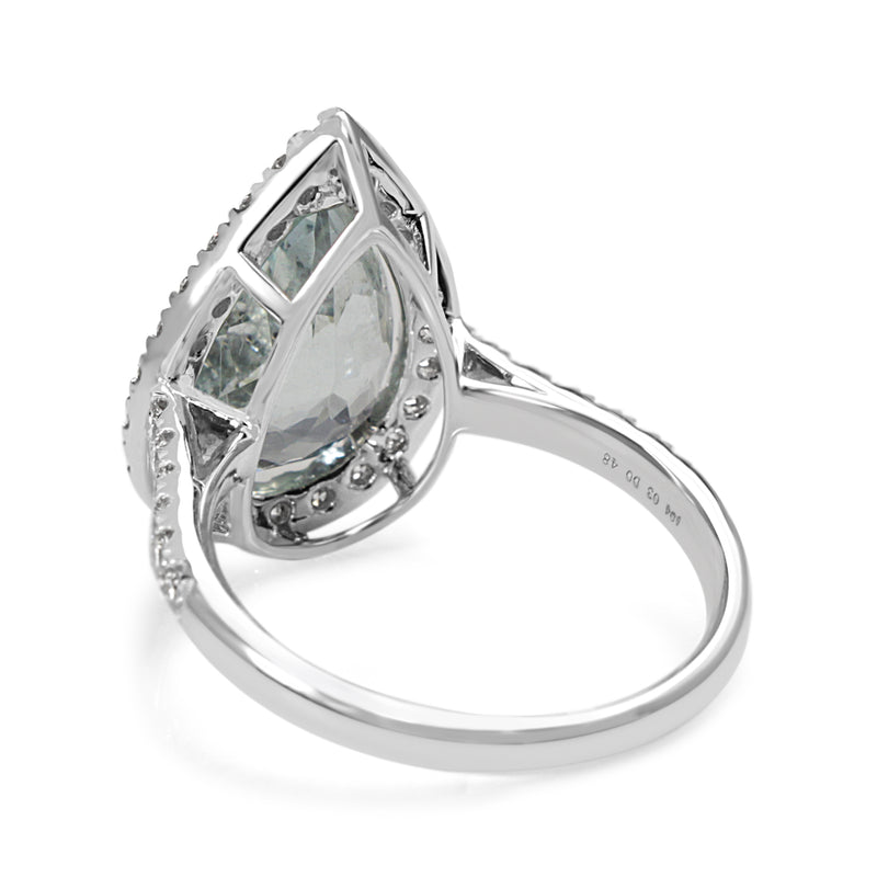 18ct White Gold Aquamarine and Diamond Pear Halo Ring