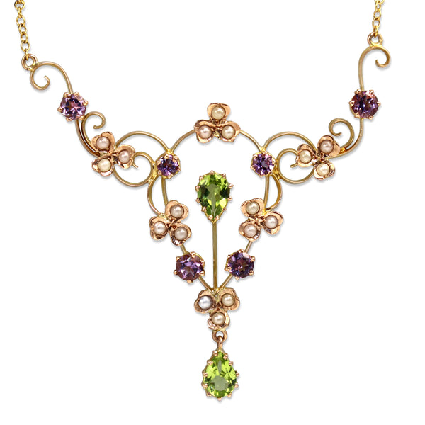 9ct Yellow Gold Antique Peridot, Amethyst and Seed Pearl Suffragette Necklace