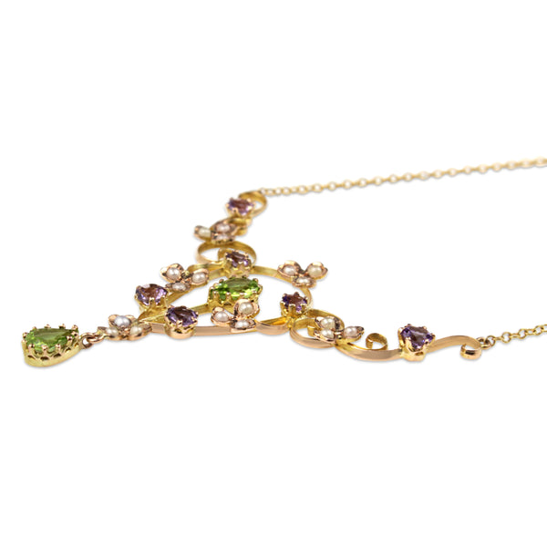 9ct Yellow Gold Antique Peridot, Amethyst and Seed Pearl Suffragette Necklace