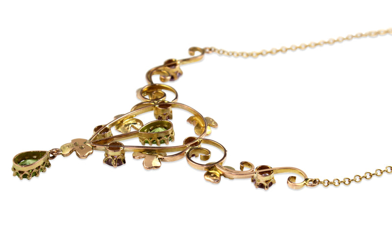 9ct Yellow Gold Antique Peridot, Amethyst and Seed Pearl Suffragette Necklace