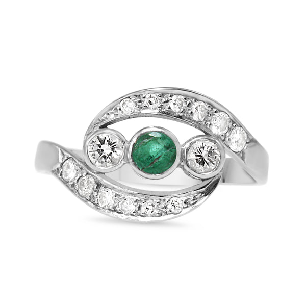 18ct White Gold Emerald and Diamond 3 Stone Twist Ring