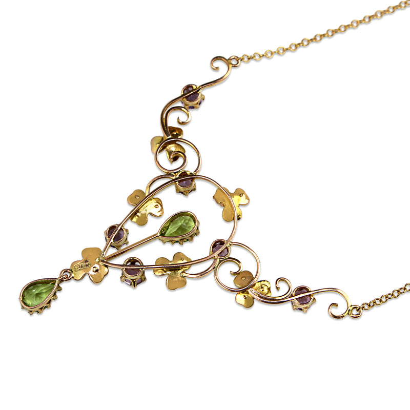 9ct Yellow Gold Antique Peridot, Amethyst and Seed Pearl Suffragette Necklace