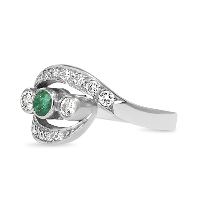 18ct White Gold Emerald and Diamond 3 Stone Twist Ring