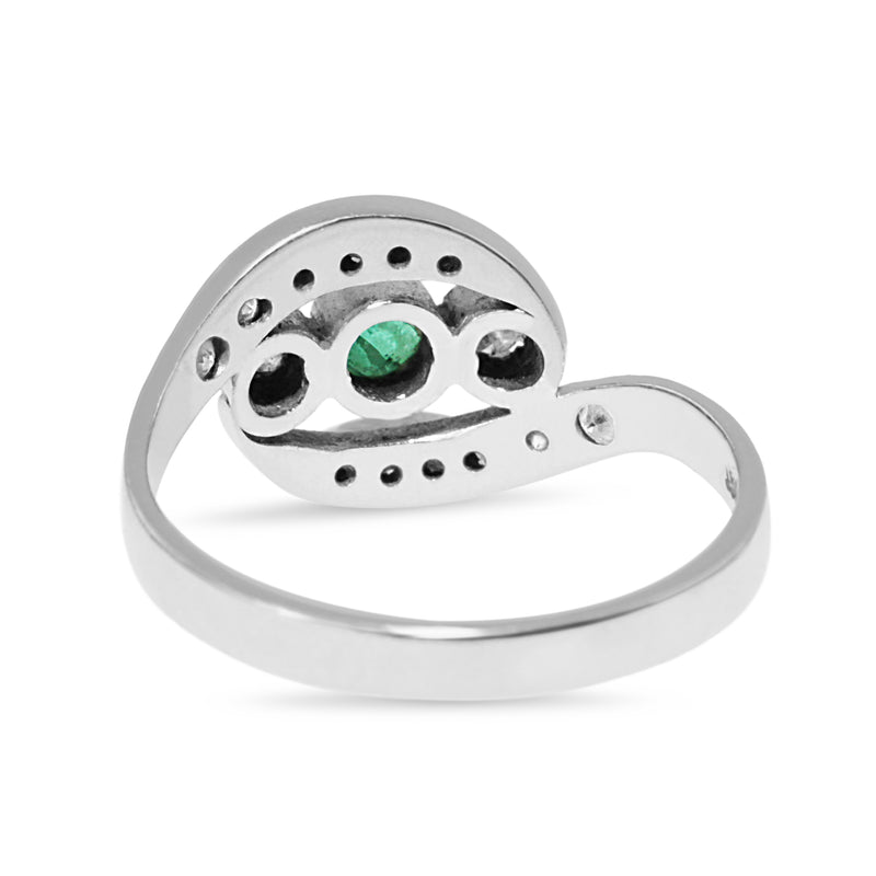 18ct White Gold Emerald and Diamond 3 Stone Twist Ring