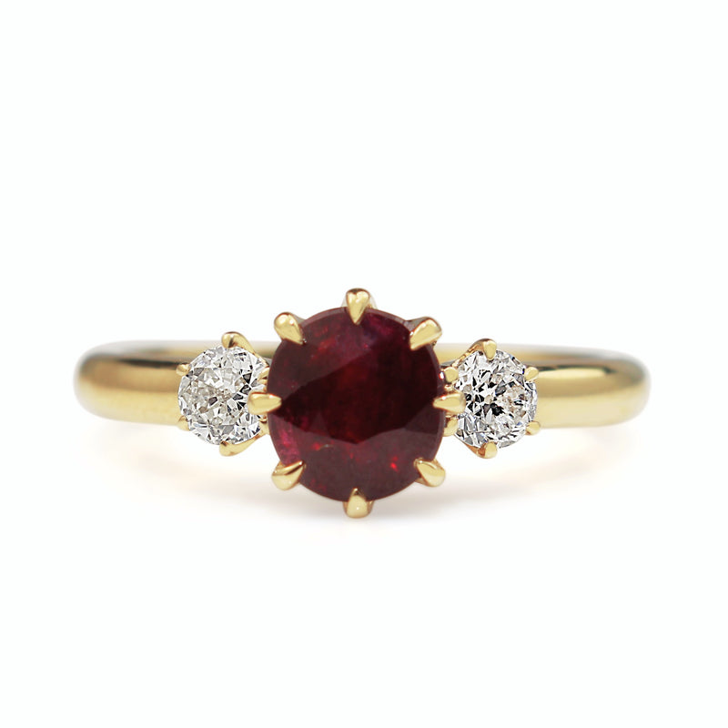 18ct Yellow Gold Ruby and Old Cut Diamond 3 Stone Ring