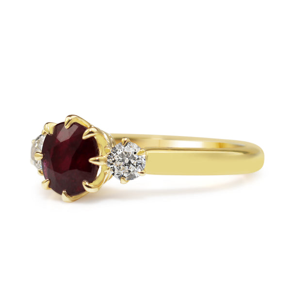 18ct Yellow Gold Ruby and Old Cut Diamond 3 Stone Ring