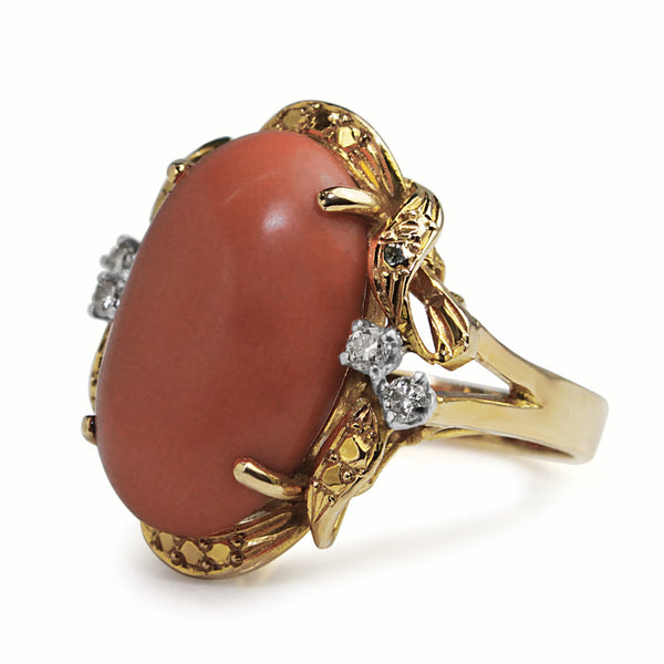 14ct Yellow Gold Coral and Diamond Cocktail Ring