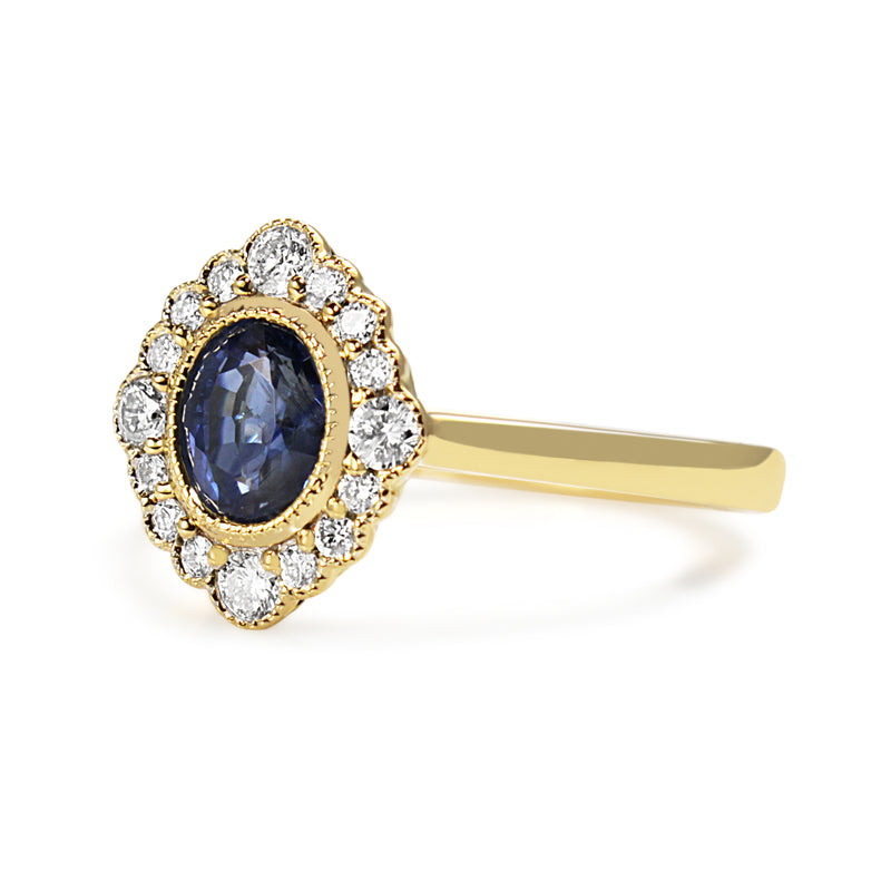 18ct Yellow Gold Sapphire and Diamond Halo Ring