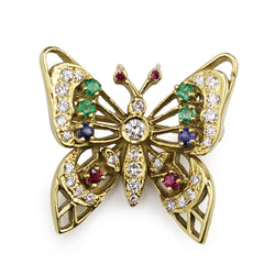 18ct Yellow Gold Diamond, Emerald, Sapphire and Ruby Butterfly Brooch