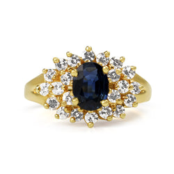 14ct Yellow Gold Sapphire and Single Cut Diamond Cluster Ring