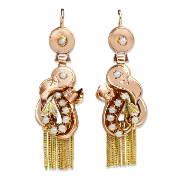 15ct Yellow and Rose Gold Antique Pearl and Tassel Earrings