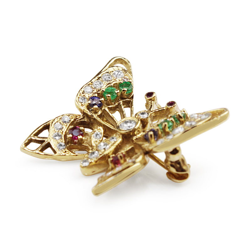 18ct Yellow Gold Diamond, Emerald, Sapphire and Ruby Butterfly Brooch