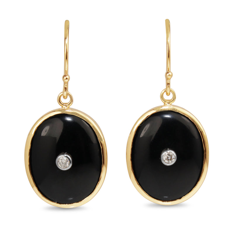 9ct Yellow Gold Large Onyx and Diamond Drop Earrings BURLINGTON