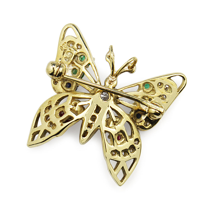 18ct Yellow Gold Diamond, Emerald, Sapphire and Ruby Butterfly Brooch