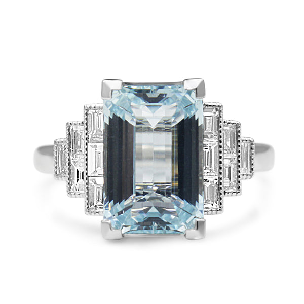 18ct White Gold Deco Style Aquamarine and Baguette Diamond Ring