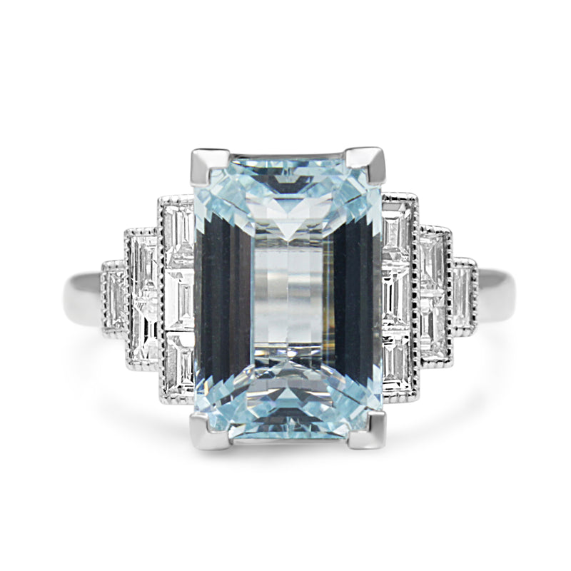 18ct White Gold Deco Style Aquamarine and Baguette Diamond Ring