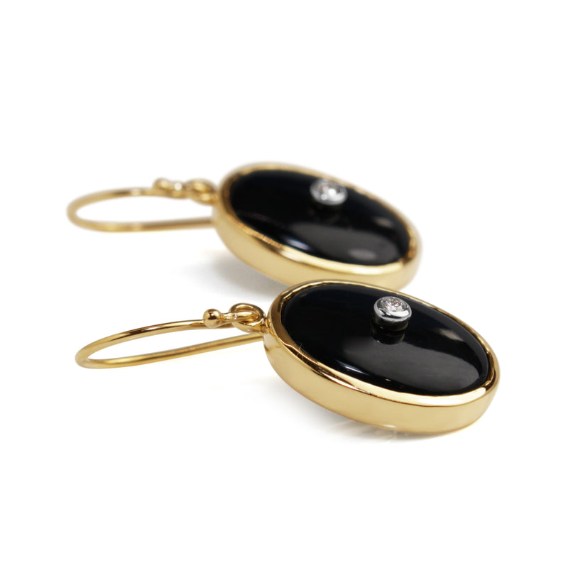 9ct Yellow Gold Large Onyx and Diamond Drop Earrings